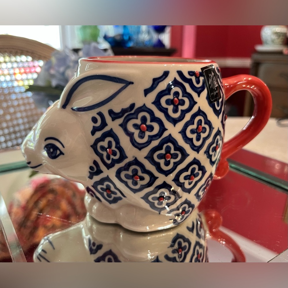 YOKOHAMA Studio 3-D MIYABI Rabbit Mug Japan Blue & Red Geometric Pattern/Easter